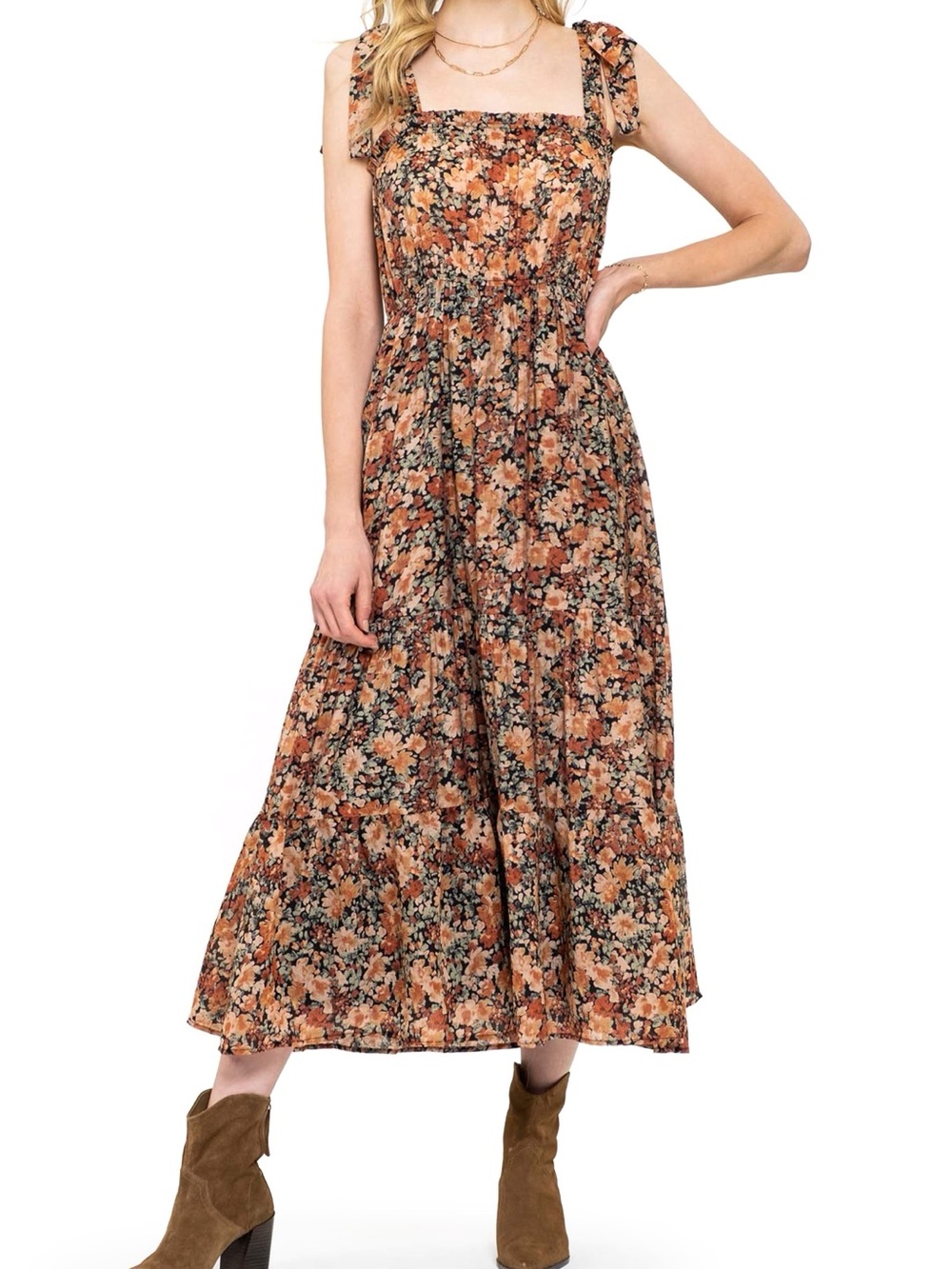 August Sky Floral Tie Strap Tiered Maxi Dress
Boho Smocked Fall Sundress Small